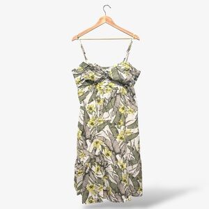 Banana Republic Linen Midi Dress Gray Green Tropical Floral Print Size 18